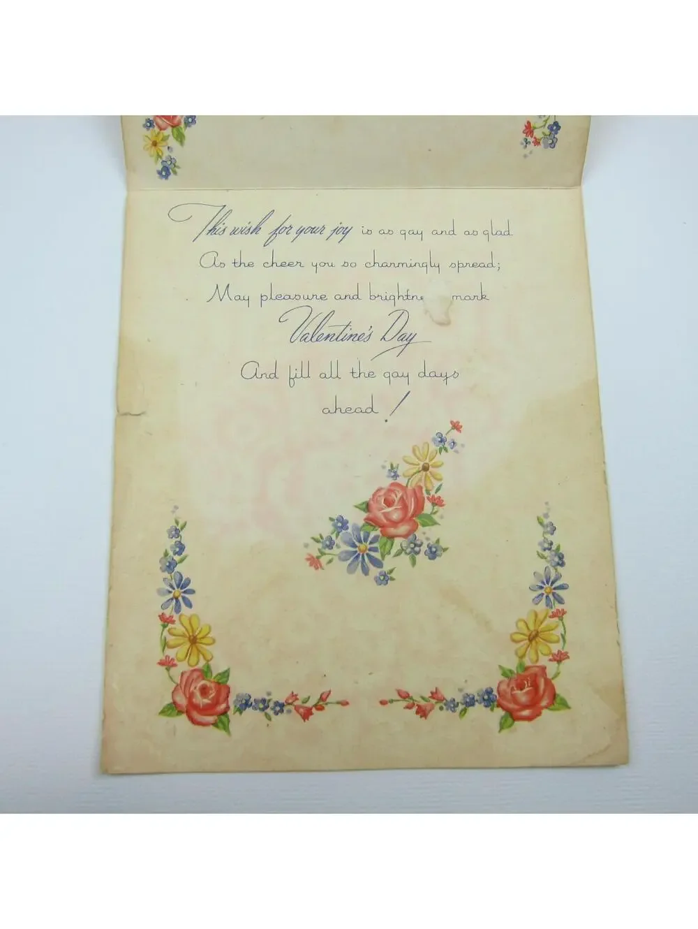 Vintage Valentine Card Flowers Blue Yellow Red Heart Ribbon Fold Golden Bell
